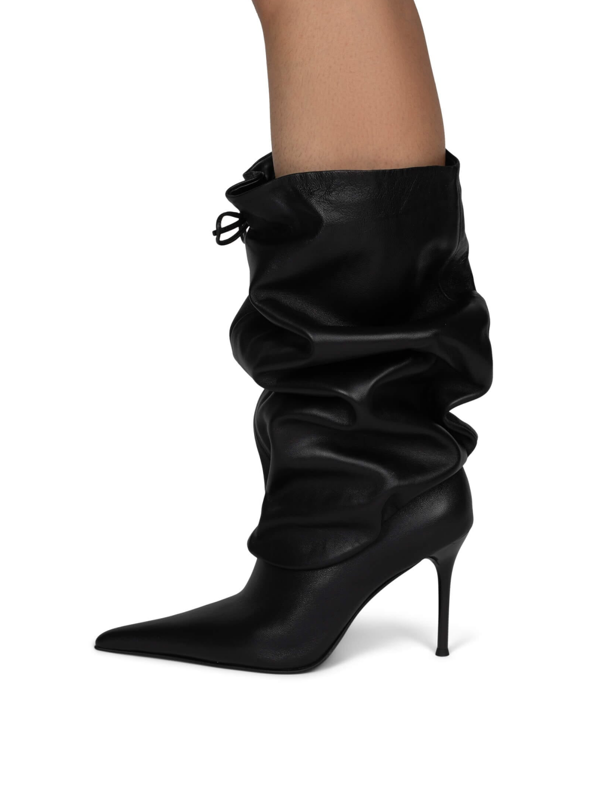 Black Pointed-Toe Slouchy Wide Mid Calf Stiletto Boots With Drawstring