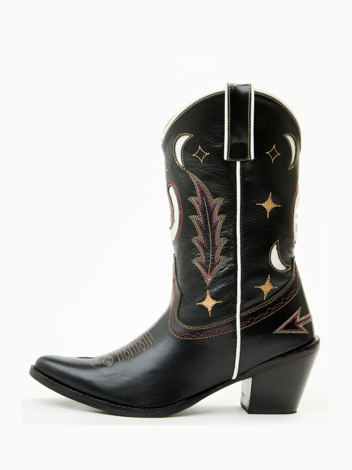 Black Almond-Toe Embroidery Moon Inlay Wide Mid Calf Cowgirl Boots