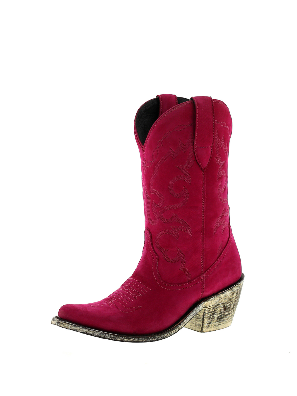 Embroidery Almond-Toe Wide Mid Calf Cowgirl Boots - Hot Pink Faux Suede