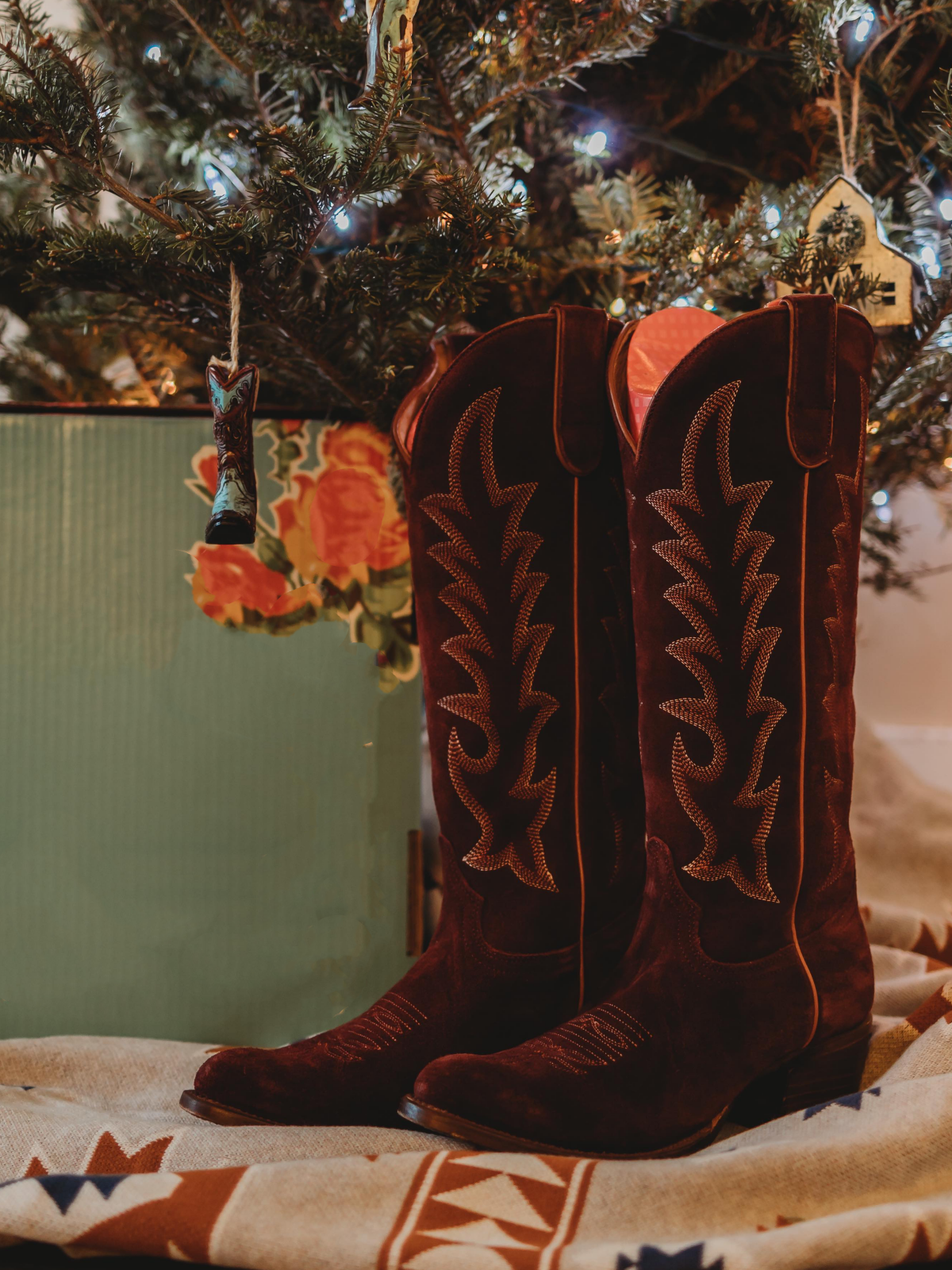 Maroon Faux Suede Embroidery Almond-Toe Wide Mid Calf Cowboy Tall Boots For Women