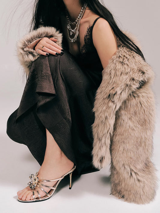 Metallic Platina Round-Toe Strappy Front Flower High Heels