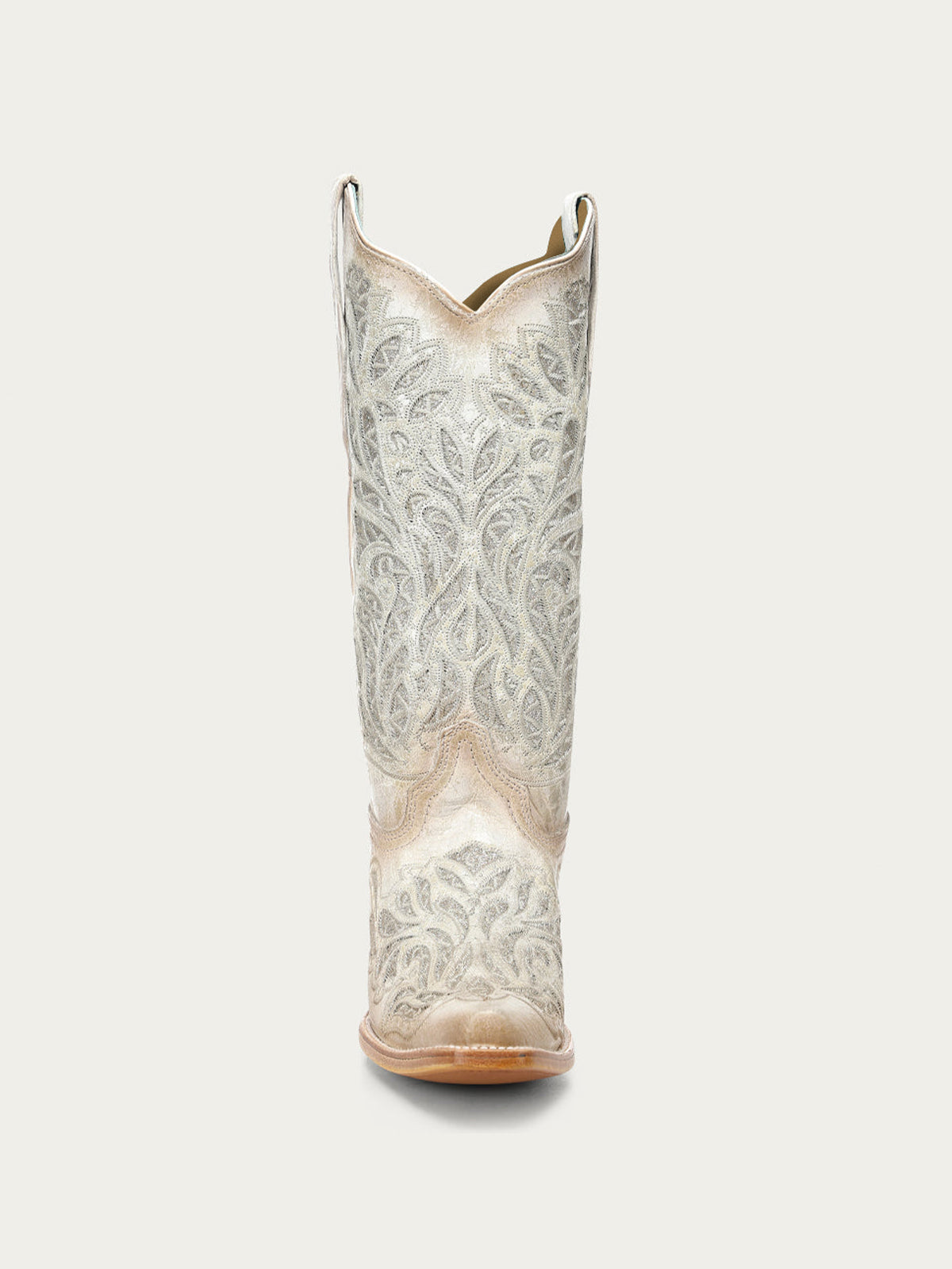 Distressed Ivory Snip-Toe Glitter Inlay And Embroidery Mid Calf Cowgirl Boots