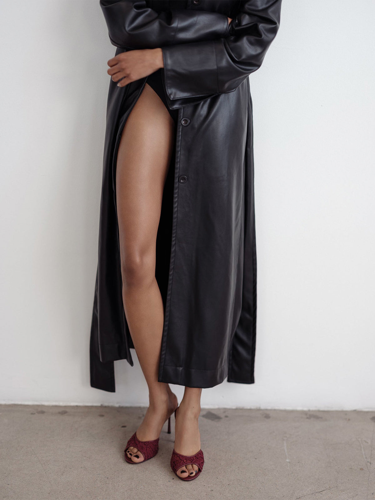 Burgundy Lace Mesh Round-Toe Slip-On High Heels