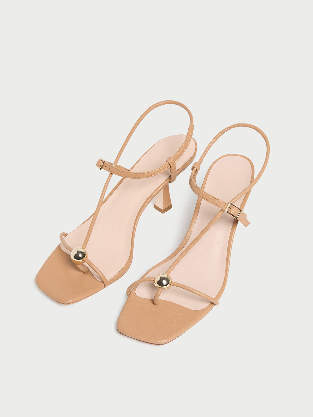 Sand Square-Toe Buckle Strappy Kitten Heels With One Silver Ball