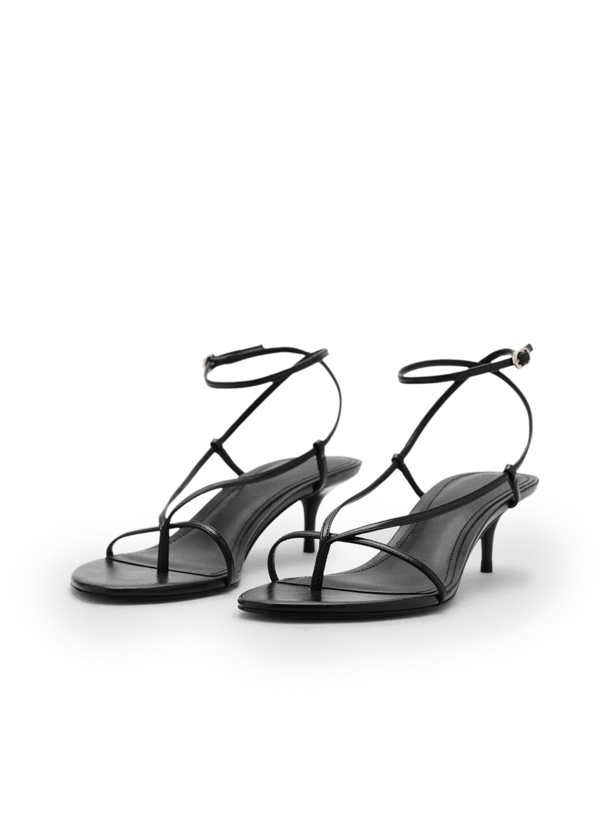 Black Round-Toe Thin Strap And Ankle Strap Kitten Heels