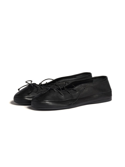 Black Round-Toe Chic Lace-Up Front Bow Slip-On Flats