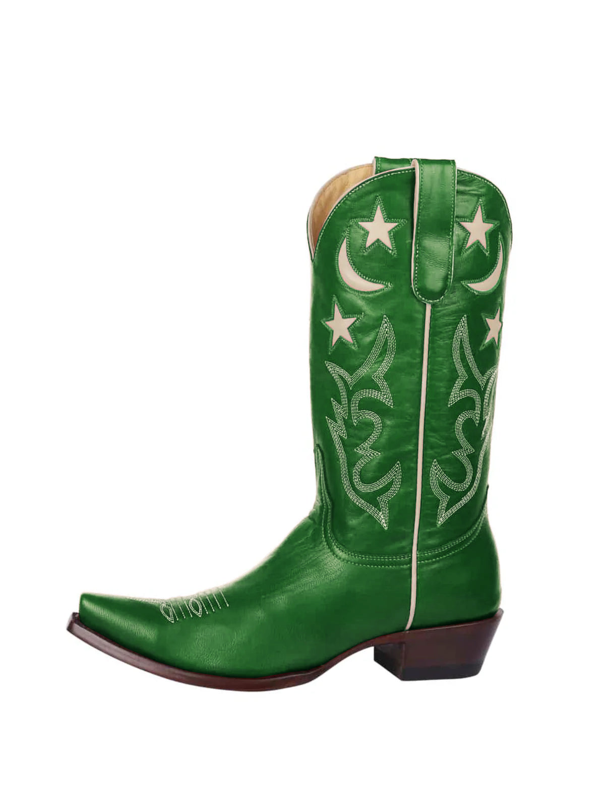 Green Snip-Toe Moon And Star Inlay Embroidery Mid Calf Cowgirl Boots