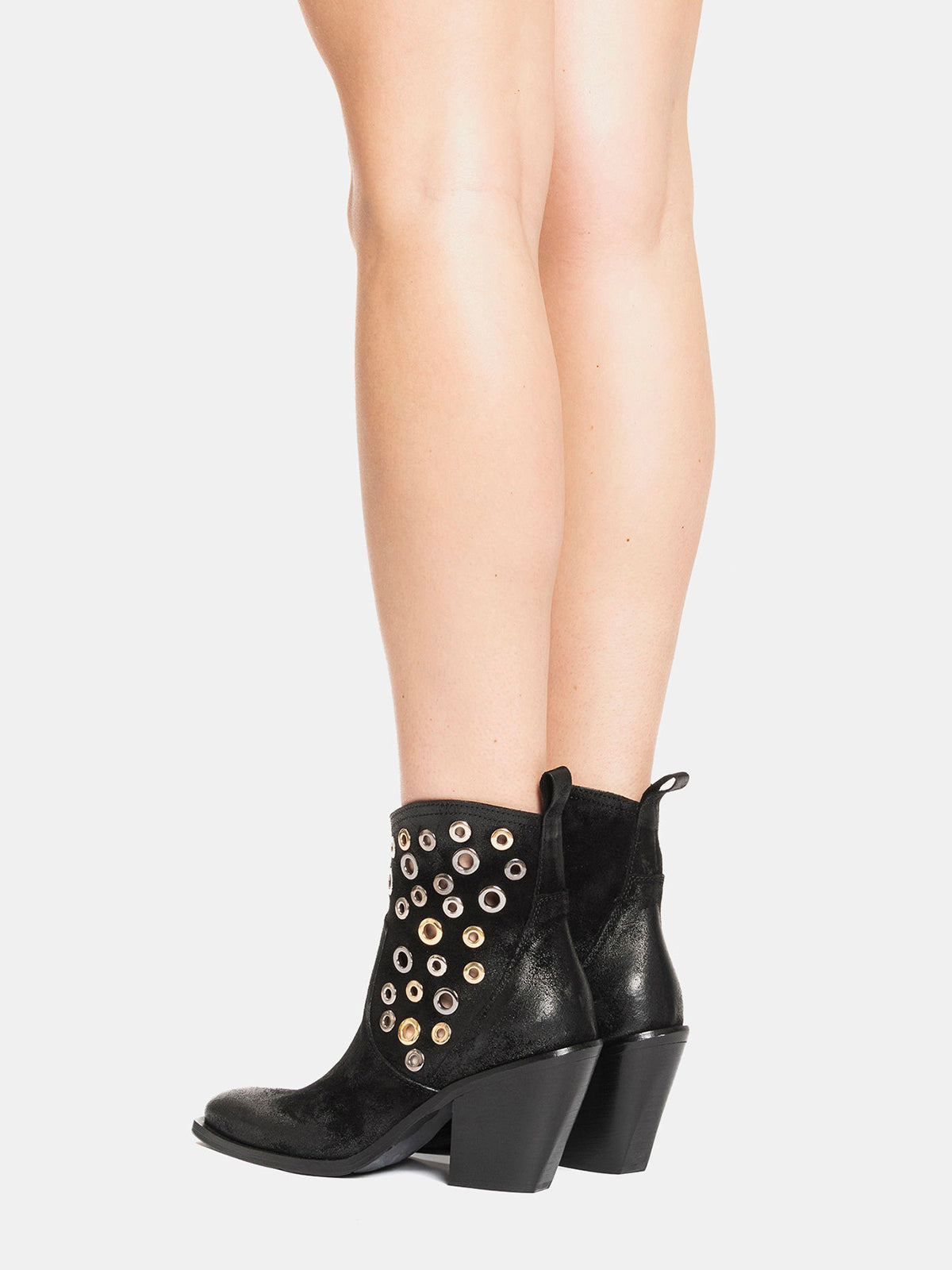 Black Faux Suede Snip-Toe Eyelets Full-Zip Ankle Cowgirl Boots