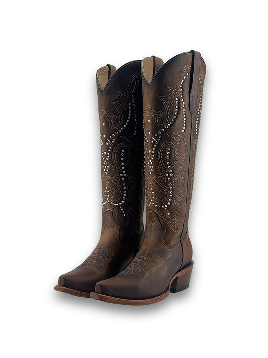 Cognac Snip-Toe Studs And Embroidery Half-Zip Knee High Cowgirl Boots