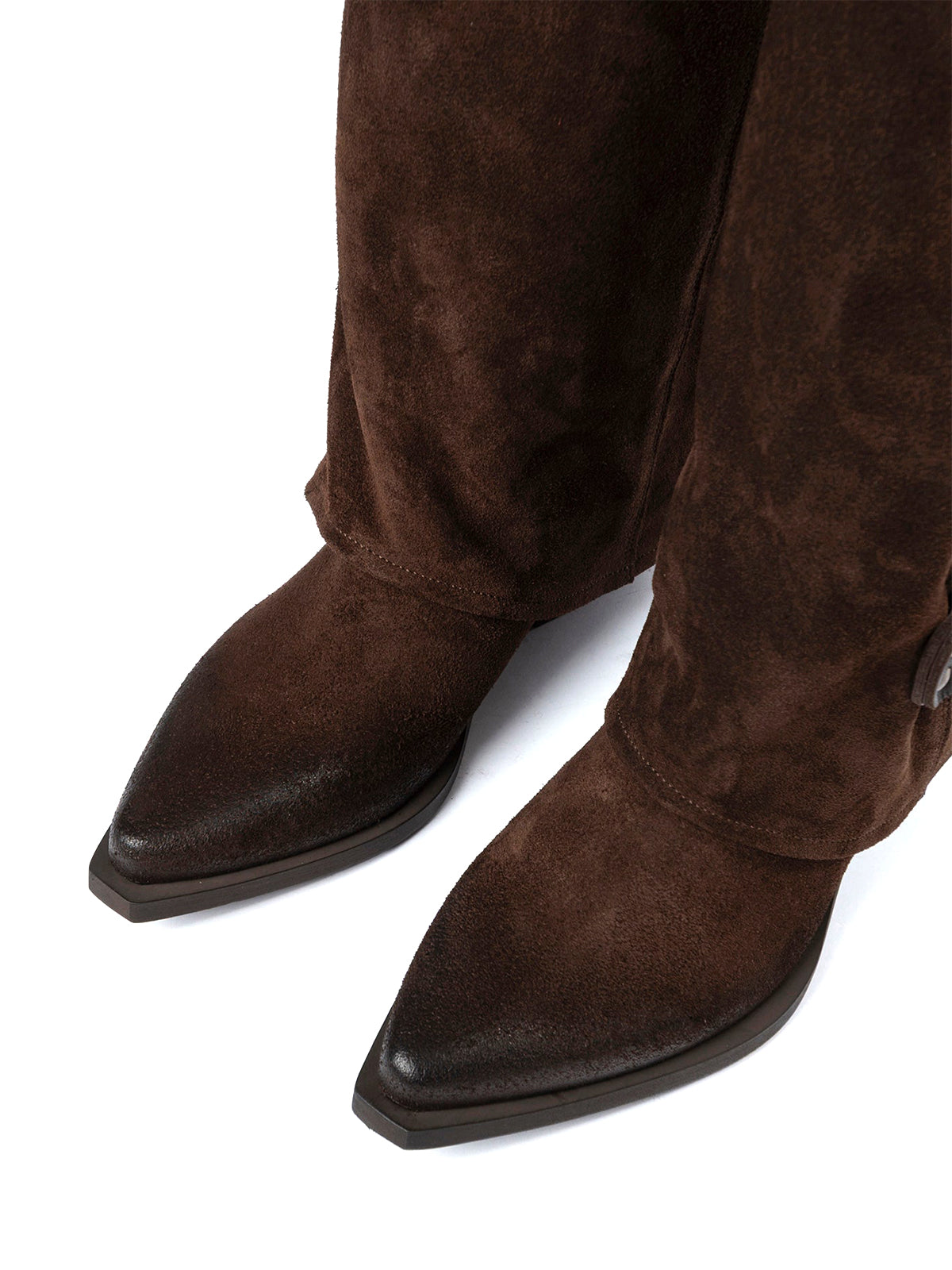 Brown Faux Suede Snip-Toe Three Buckle Straps Fold-Over Wide Calf Knee High Cowgirl Boots