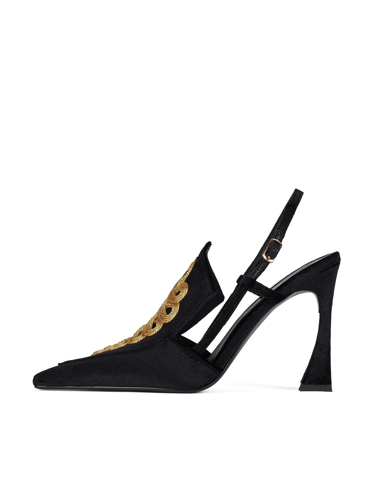 Black Velvet Pointed-Toe Gold Embroidery Slingback High Heels Pumps