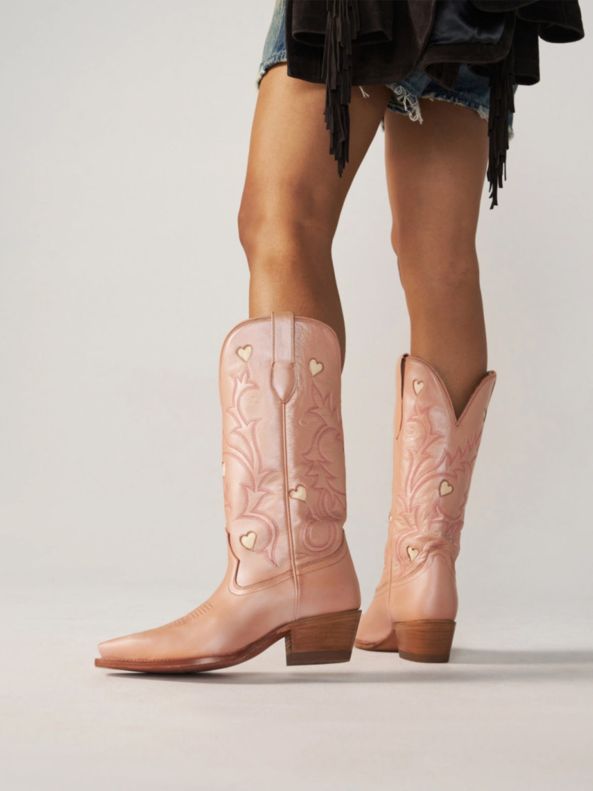 Metallic Rose Gold Snip-Toe Embroidery Heart Inlay Mid Calf Cowgirl Boots