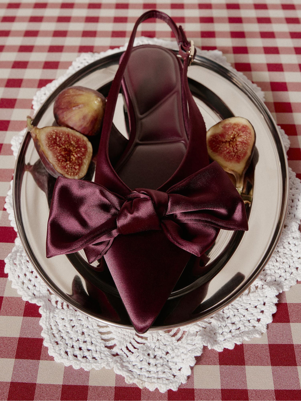 Burgundy Satin Pointed-Toe Front Big Bow Slingback Flats