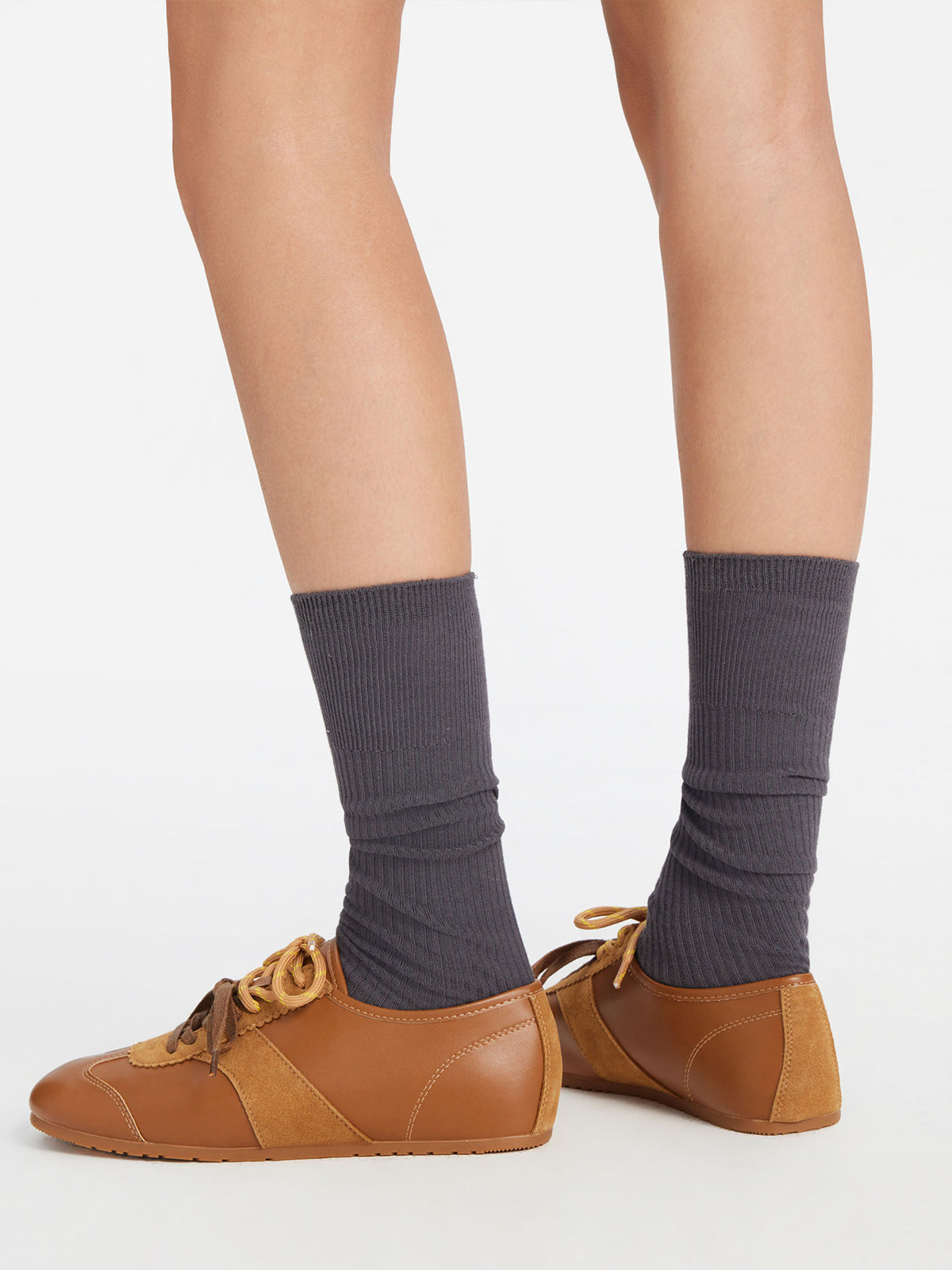 Brown Cow Suede And Cow Leather Square-Toe Lace-Up Flats Sneakers