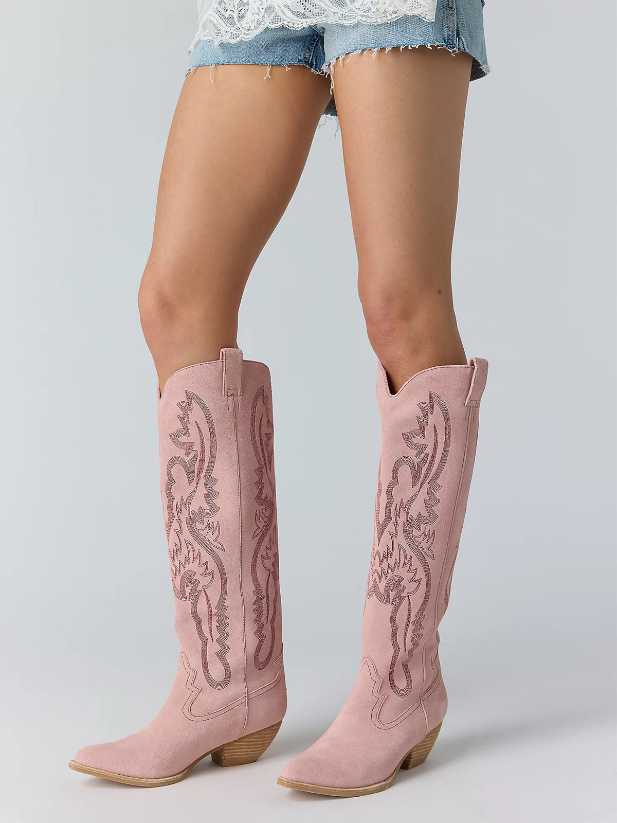 Light Pink Faux Suede Embroidery Pointed-Toe Tall Wide Calf Western Boots For Women