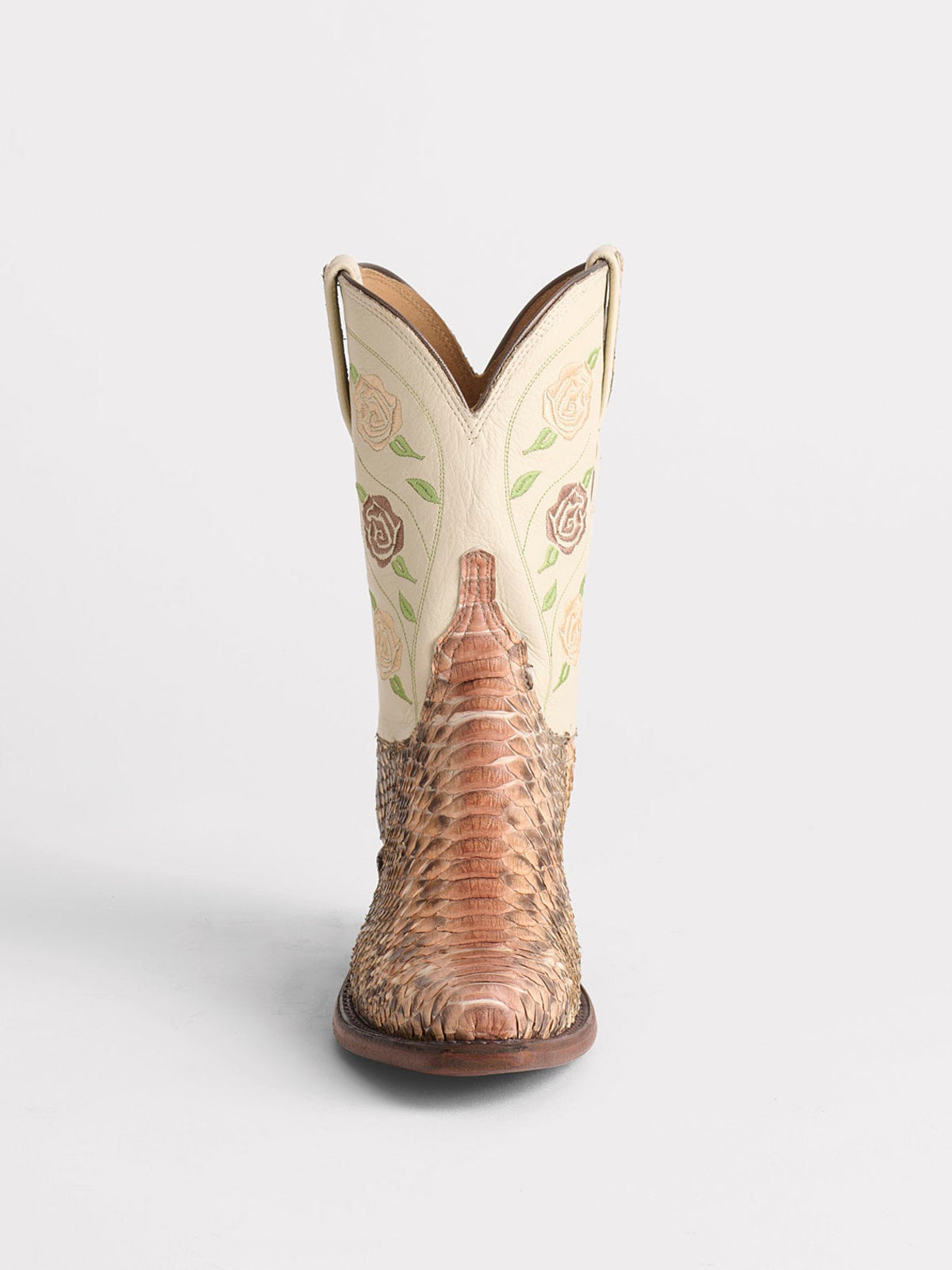 Contrast Tan And Snakeskin Snip-Toe Rose Embroidery Mid Calf Cowgirl Boots