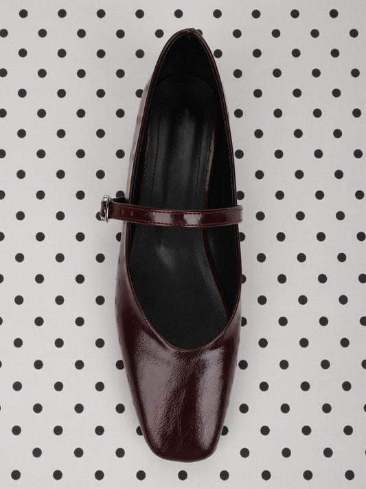 Burgundy Square-Toe Buckle Bridge Strap Stylish Ballet Flats