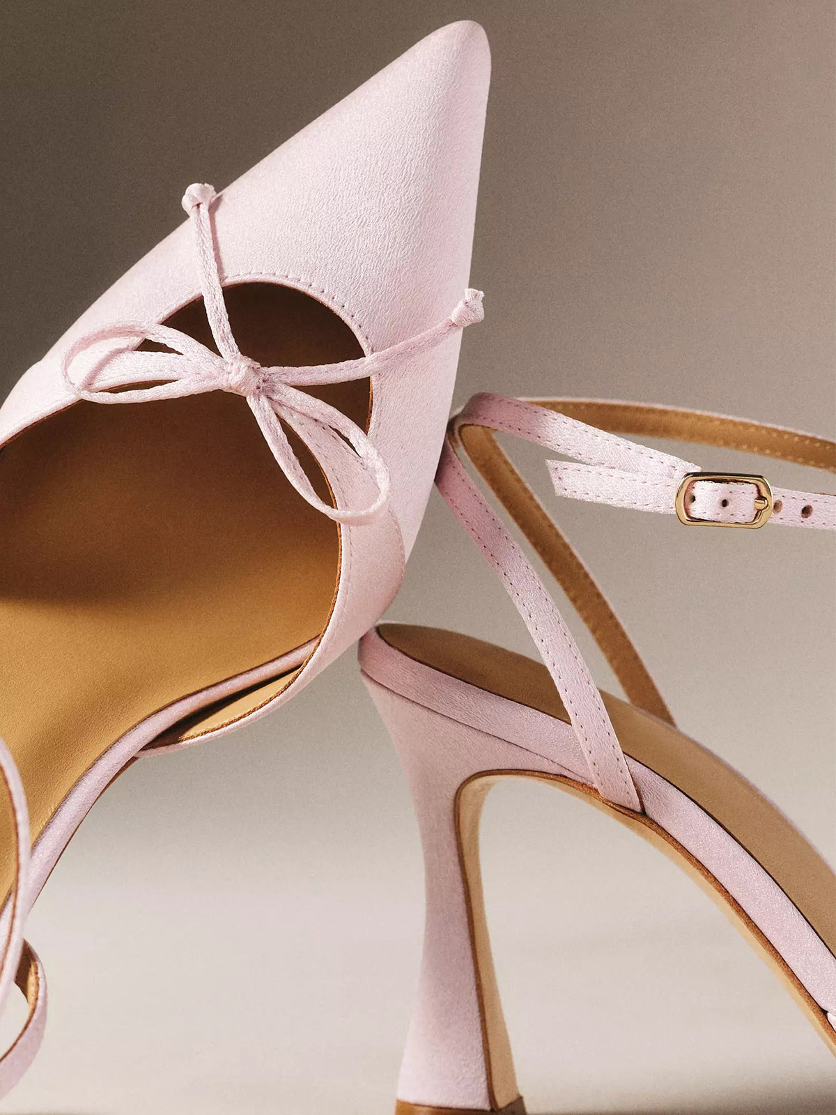 Pink Satin Pointed-Toe Front Bow Back And Ankle Strap High Heels
