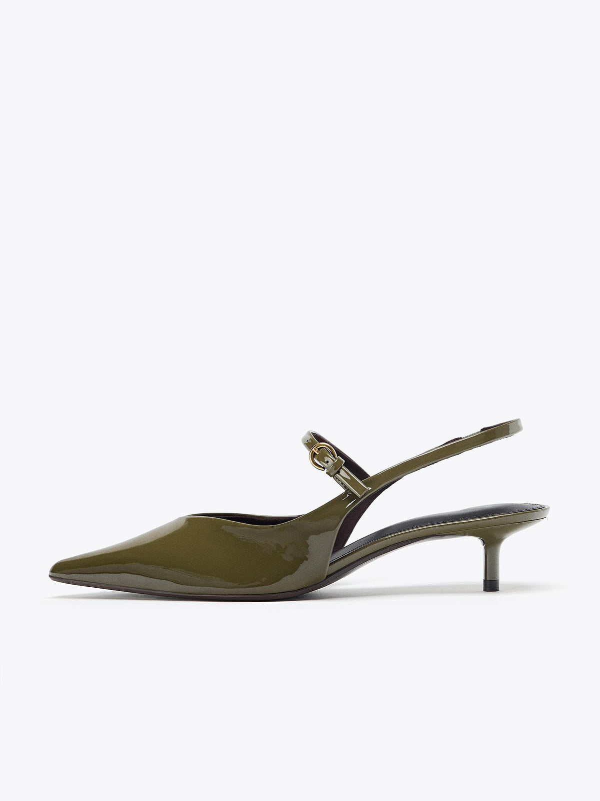 Patent Khaki Green Pointed-Toe Bridge Strap Slingback Kitten Heels