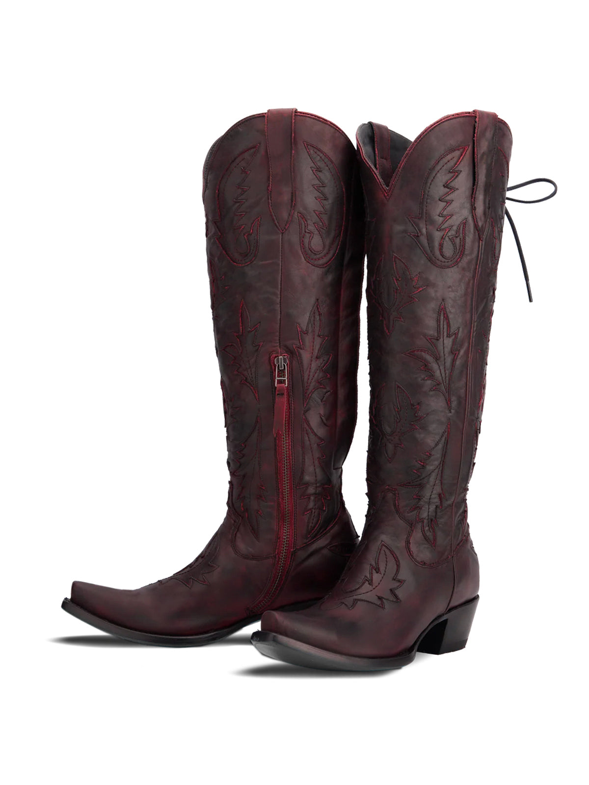 Half-Zip Snip-Toe Embroidery And Inlay Back Lace-Up Knee High Cowgirl Boots - Dark Red