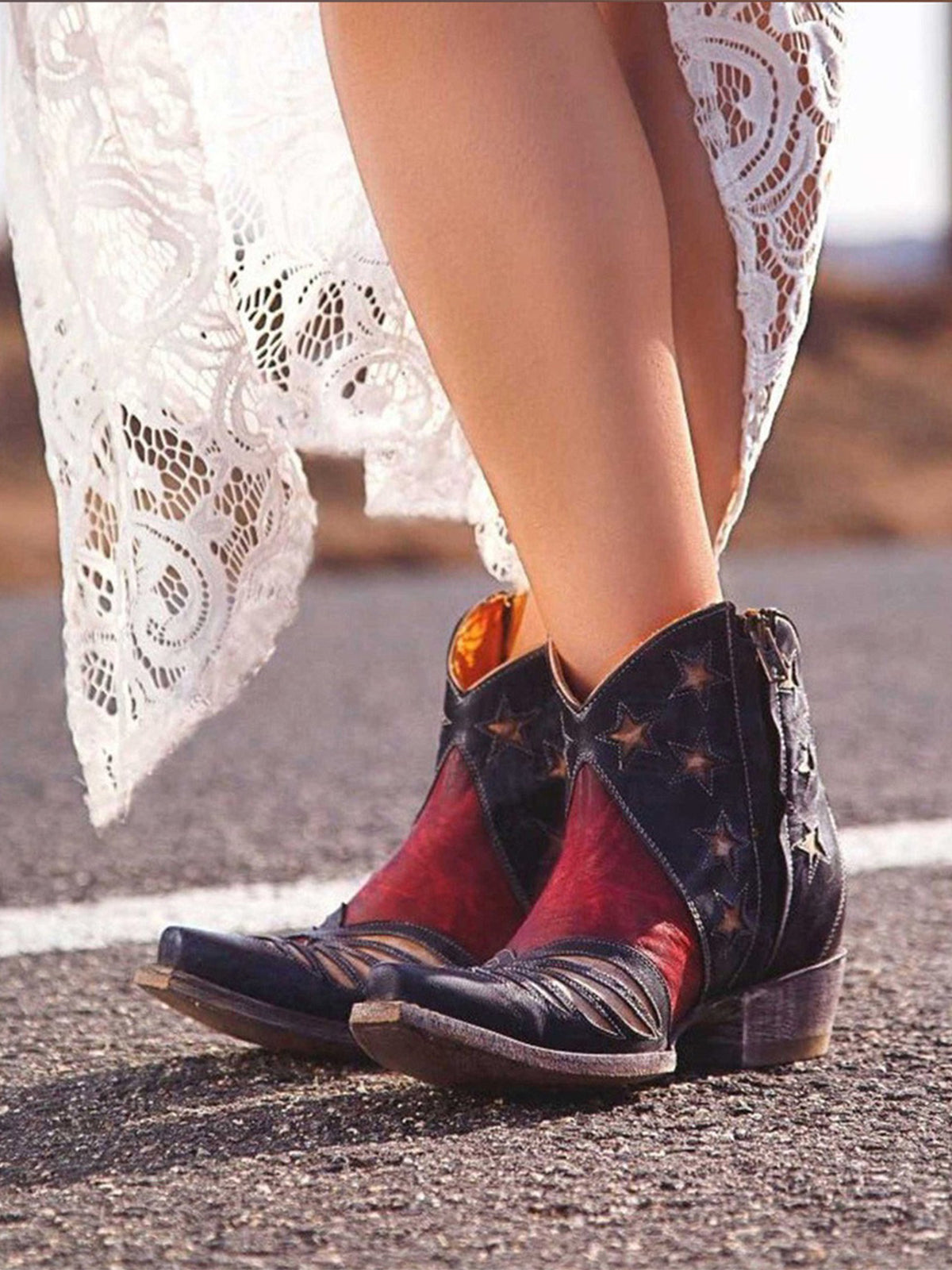 Contrast Tri-Color Snip-Toe Stars Inlay Full-Zip Ankle Cowgirl Boots