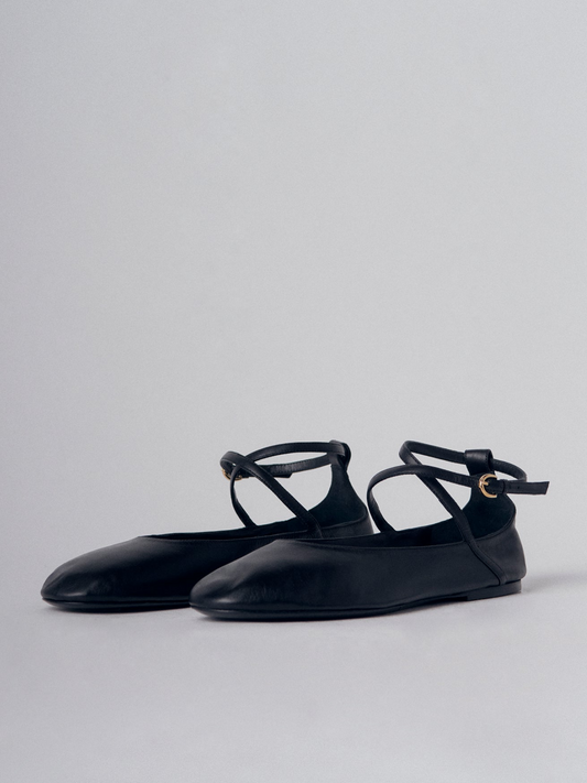 Black Buckled Cross Ankle Wrap Strap Round-Toe Ballet Flats