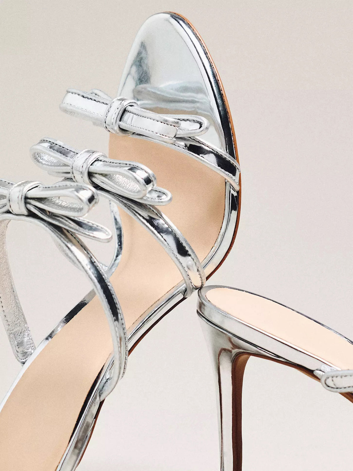 Metallic Silver Peep Round-Toe Triple-Bow Backless High Heels