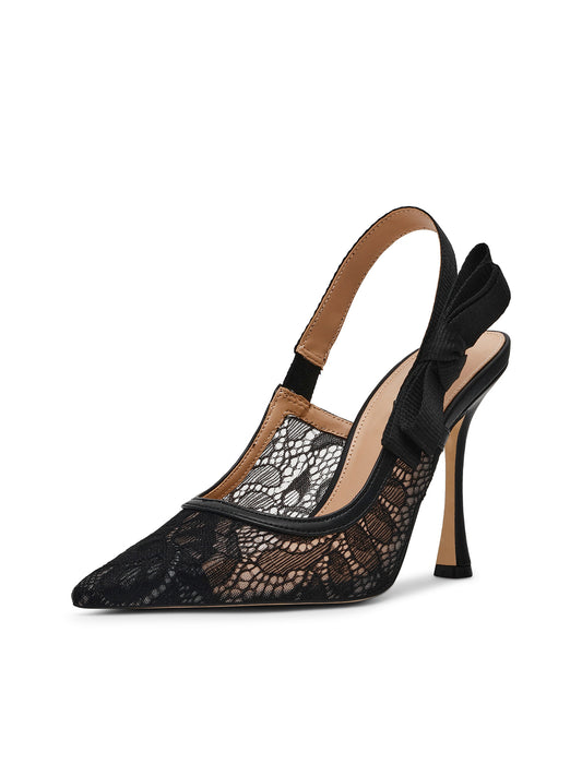Black Lace Mesh Pointed-Toe Slingback With Bow High Heels