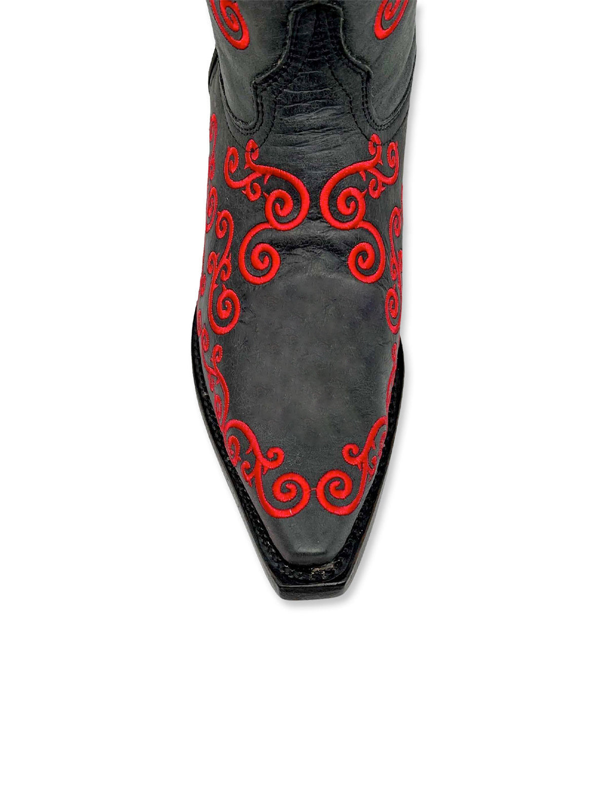 Black Snip-Toe Curl Embroidery Mid Calf Cowgirl Boots