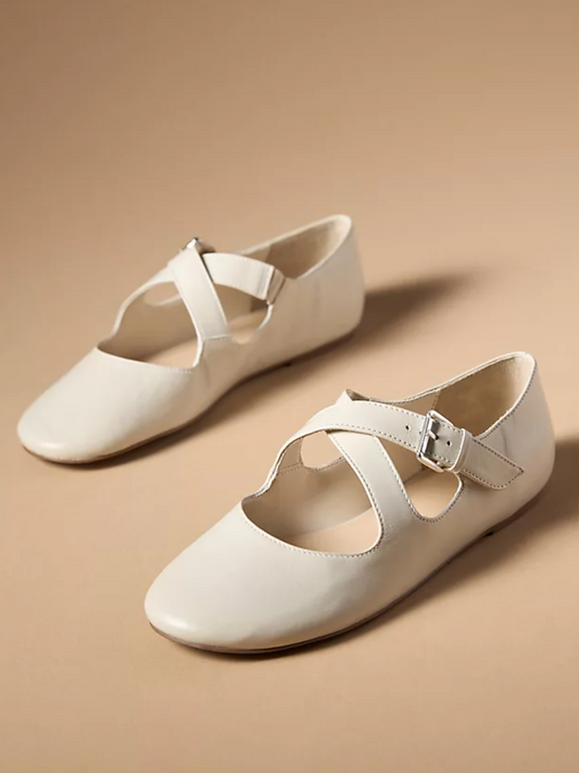 Cream Buckled Cross Strap Round-Toe Mary Janes Flats