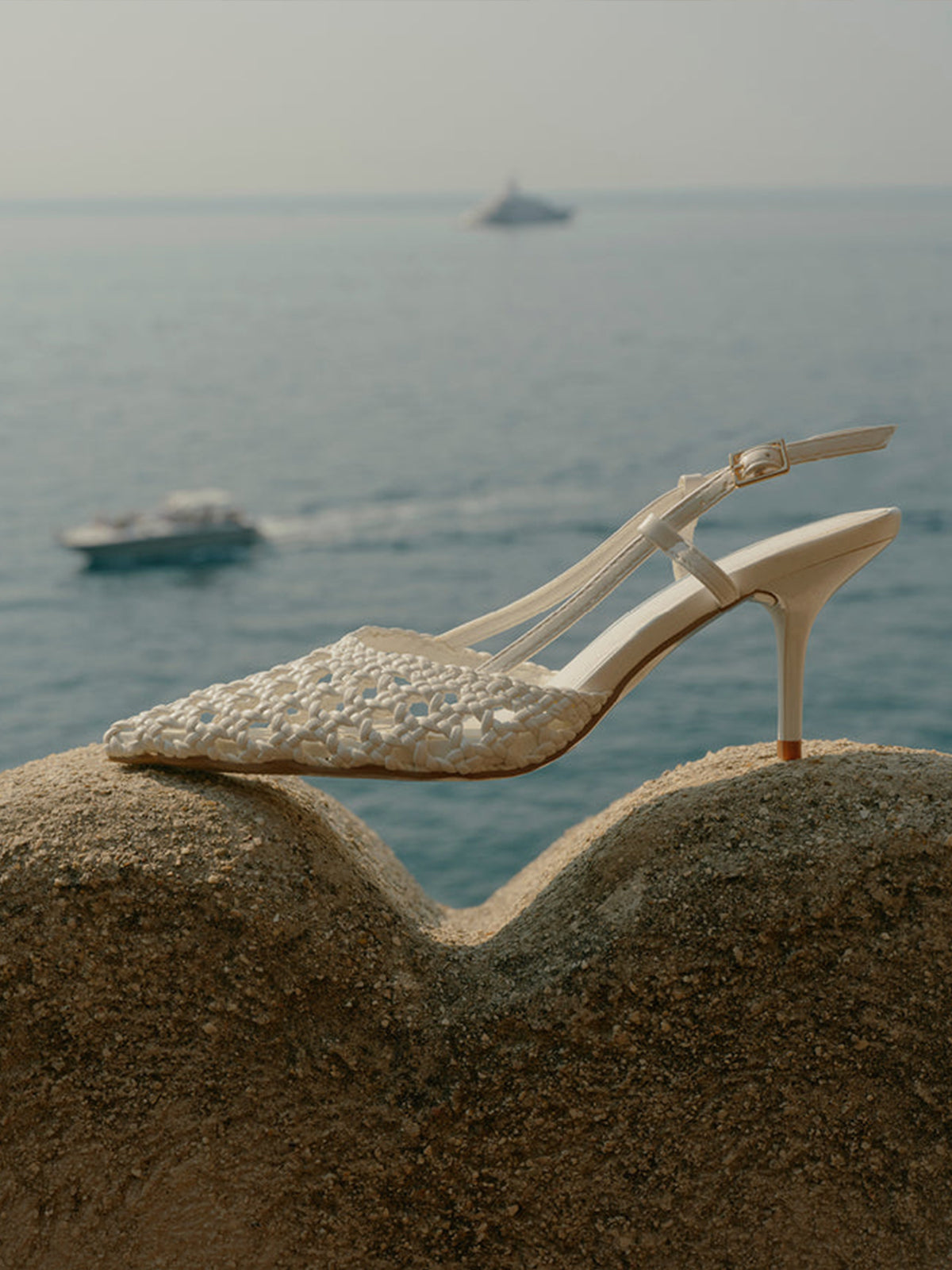 White Vegan Leather Woven Pointed-Toe Slingback Kitten Heels