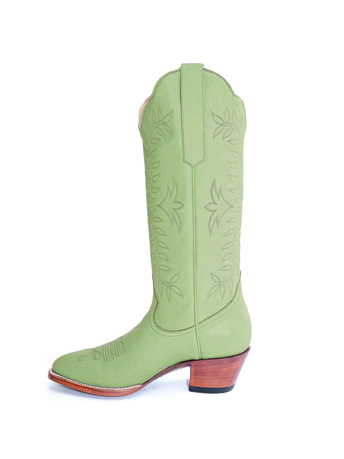 Leaves Embroidery Almond-Toe Wide Knee High Cowgirl Boots - Green