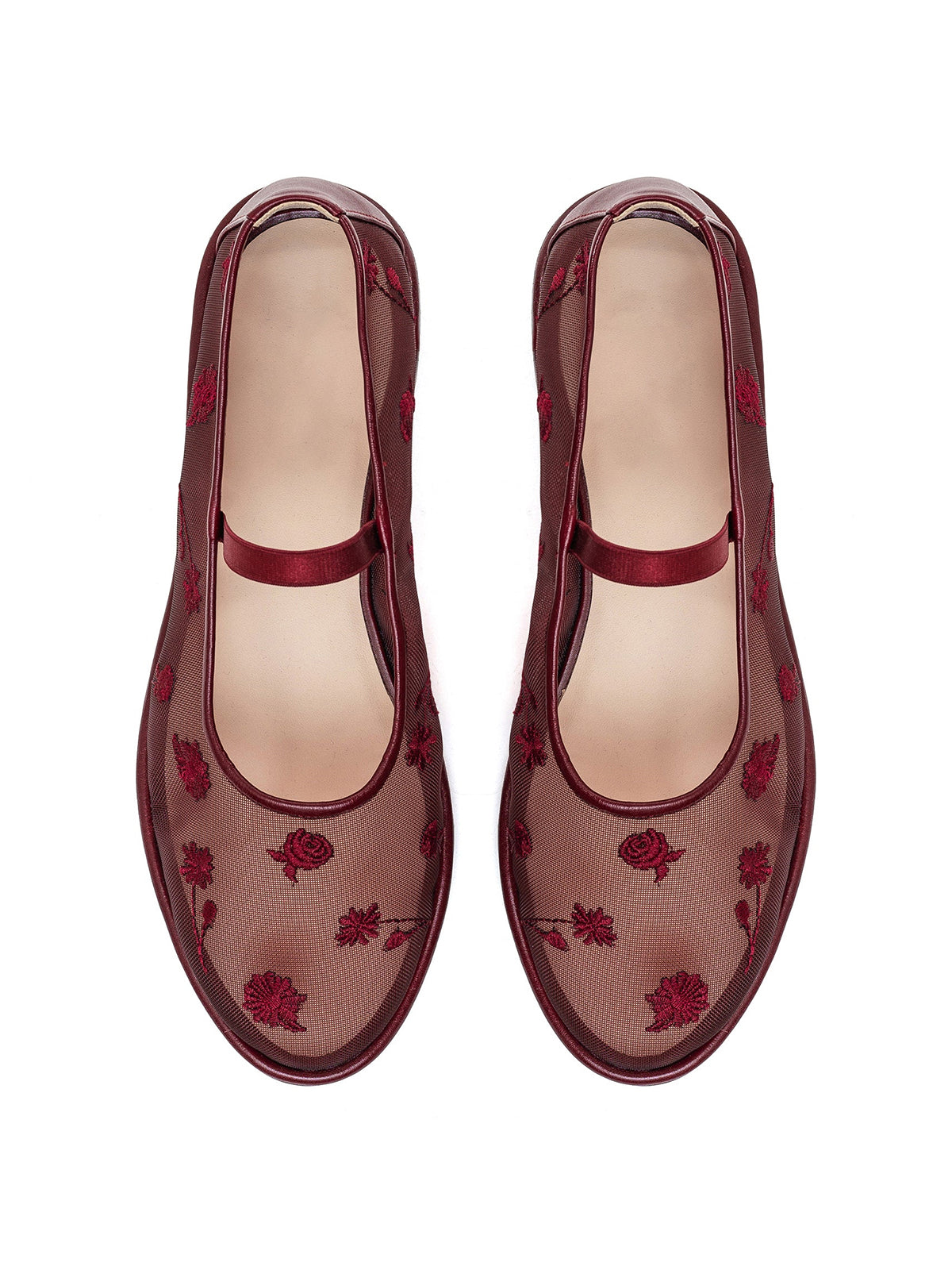 Burgundy Mesh Round-Toe Wildflowers Embroidery Mary Jane Ballet Flats