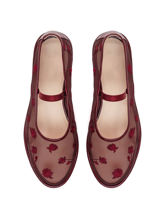 Burgundy Mesh Round-Toe Wildflowers Embroidery Mary Jane Ballet Flats