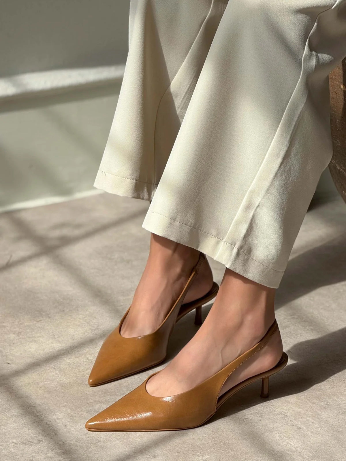 Slingback Pointed-Toe Kitten Heels - Tan