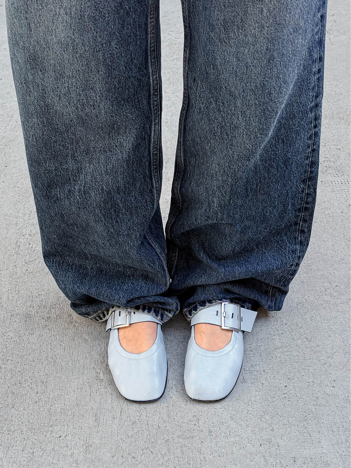 Blue Square-Toe Big Buckle Middle Strap Chic Ballet Flats