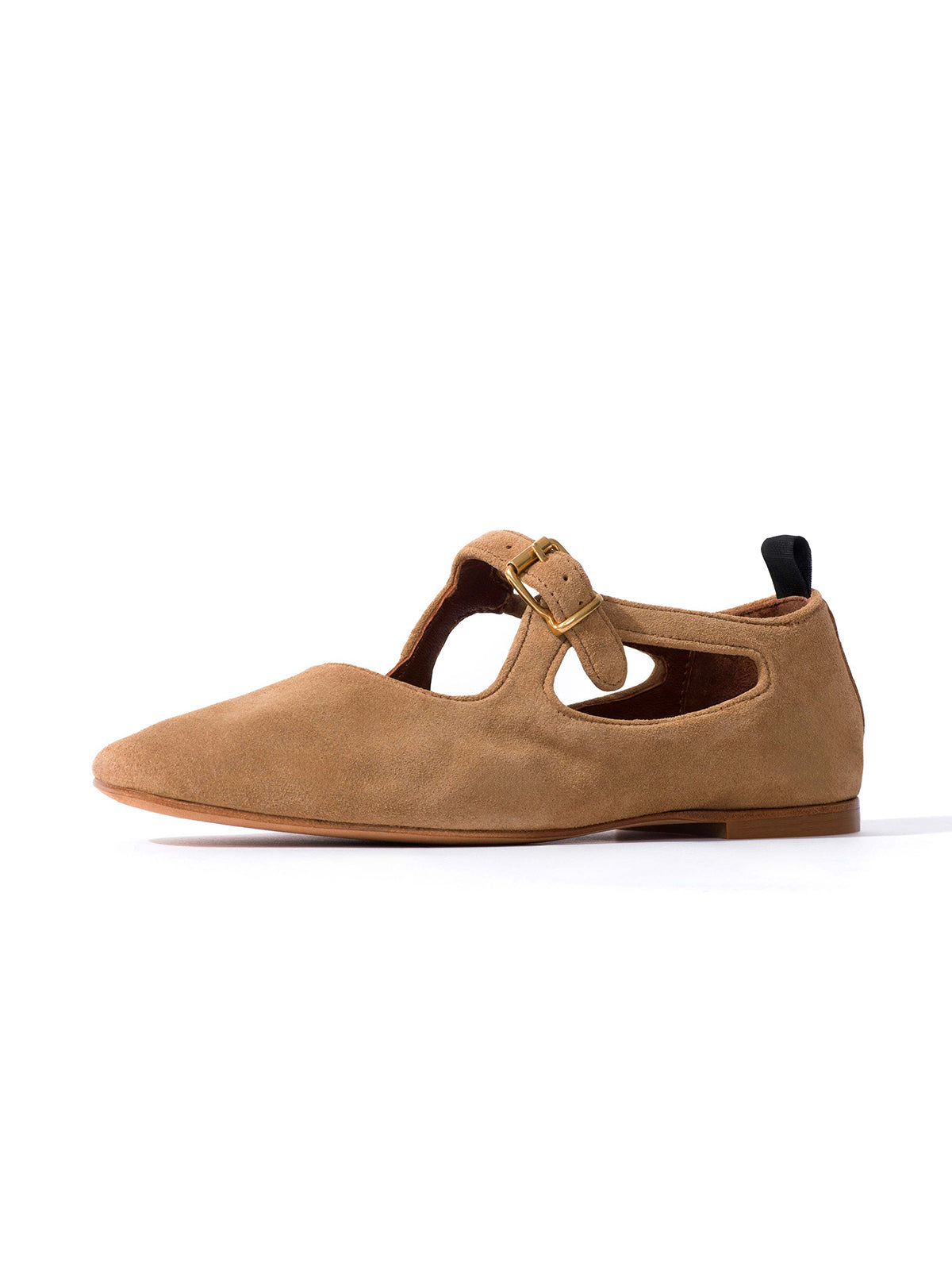 Square-Toe Buckle Strap Chic Flats - Light Tan Faux Suede