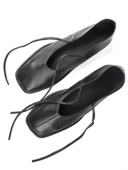 Black Square-Toe Middle Strap Slip-On Chic Flats
