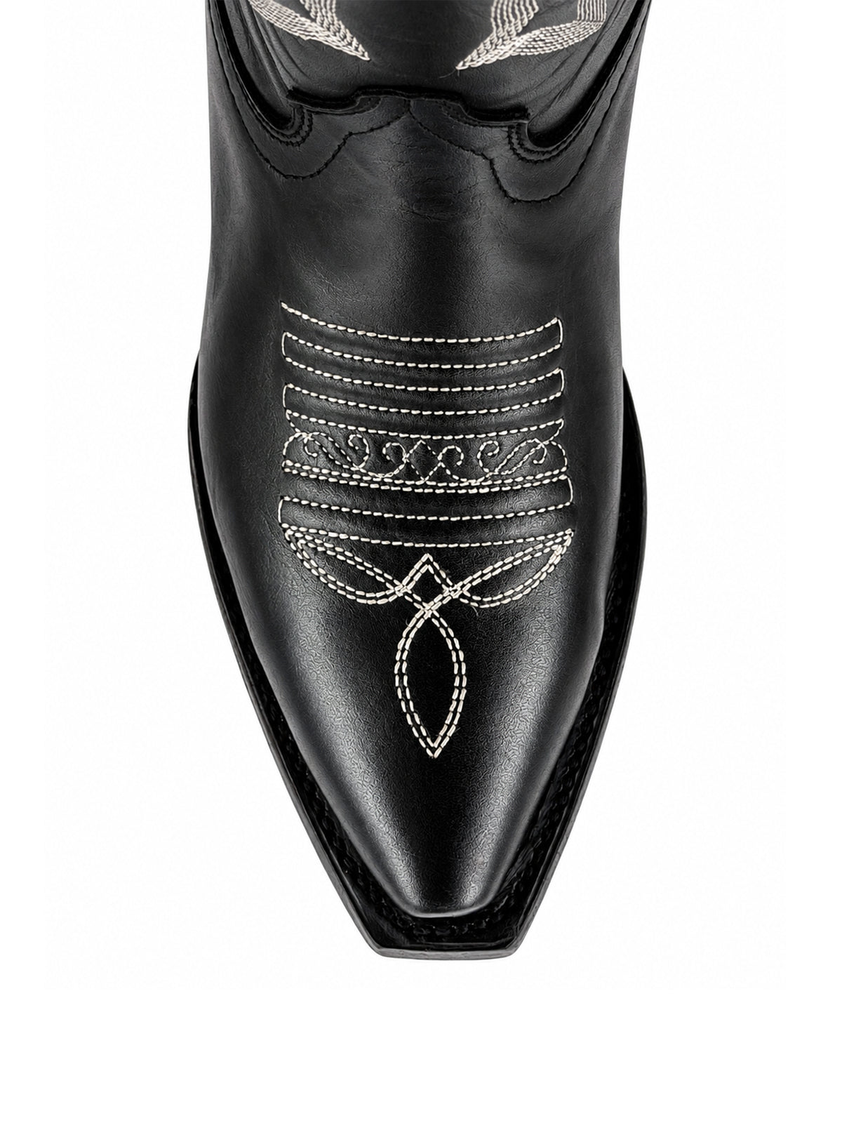 Black Vegan Leather Snip-Toe White Embroidery Wide Calf Knee High Cowgirl Boots