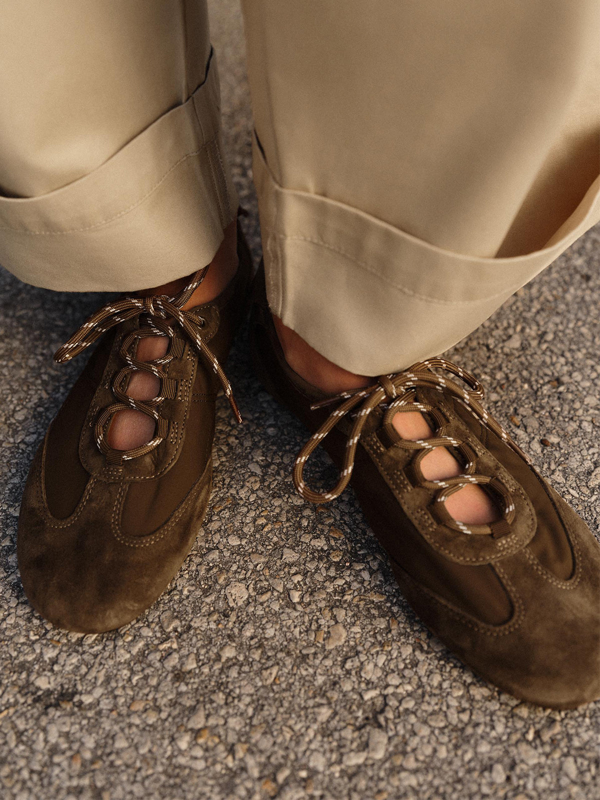 Brown Faux Suede And Satin Round-Toe Lace-Up Flats Sneakers