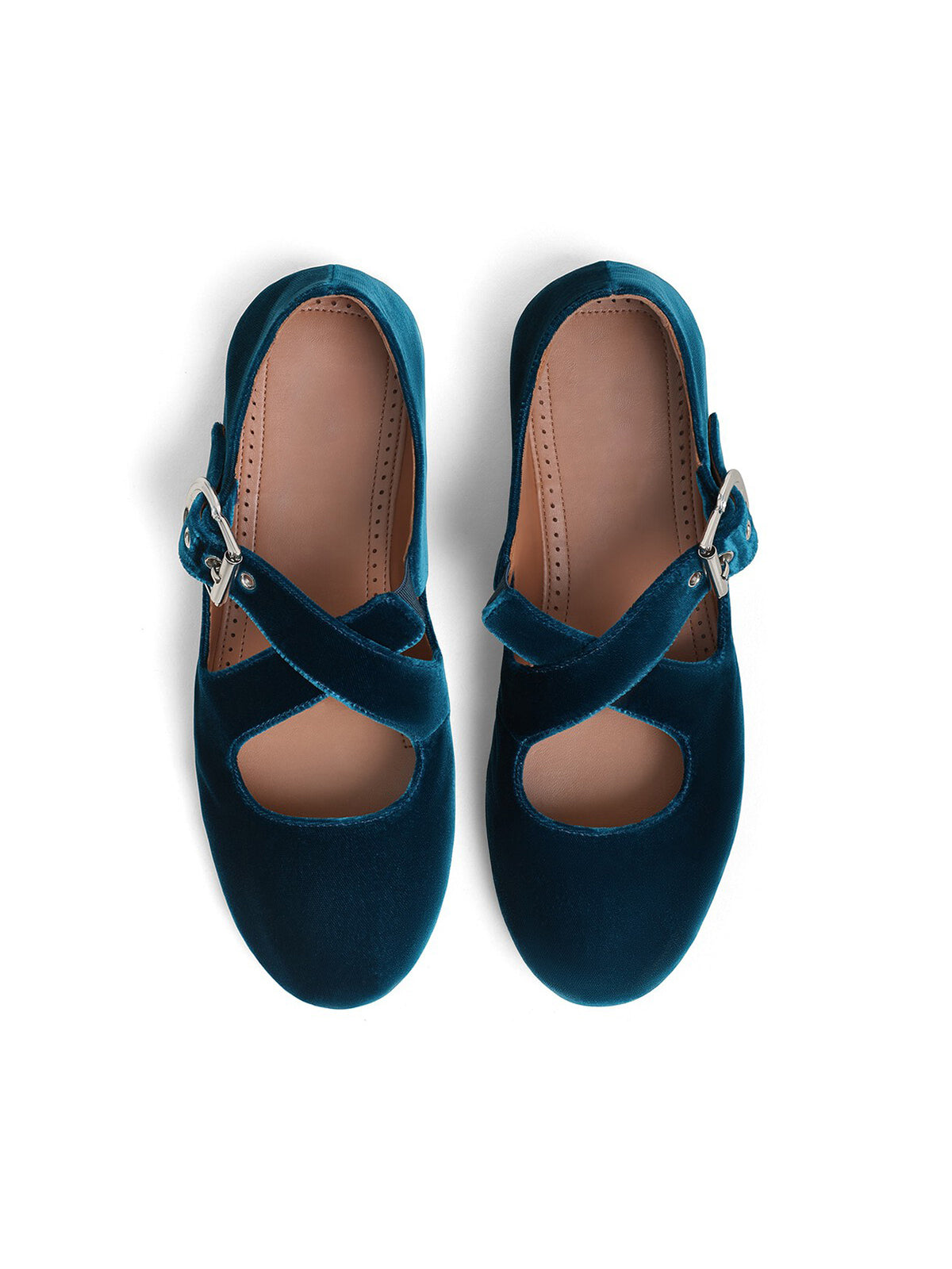 Dark Blue Velvet Round-Toe Criss Cross Strap Ballet Flats