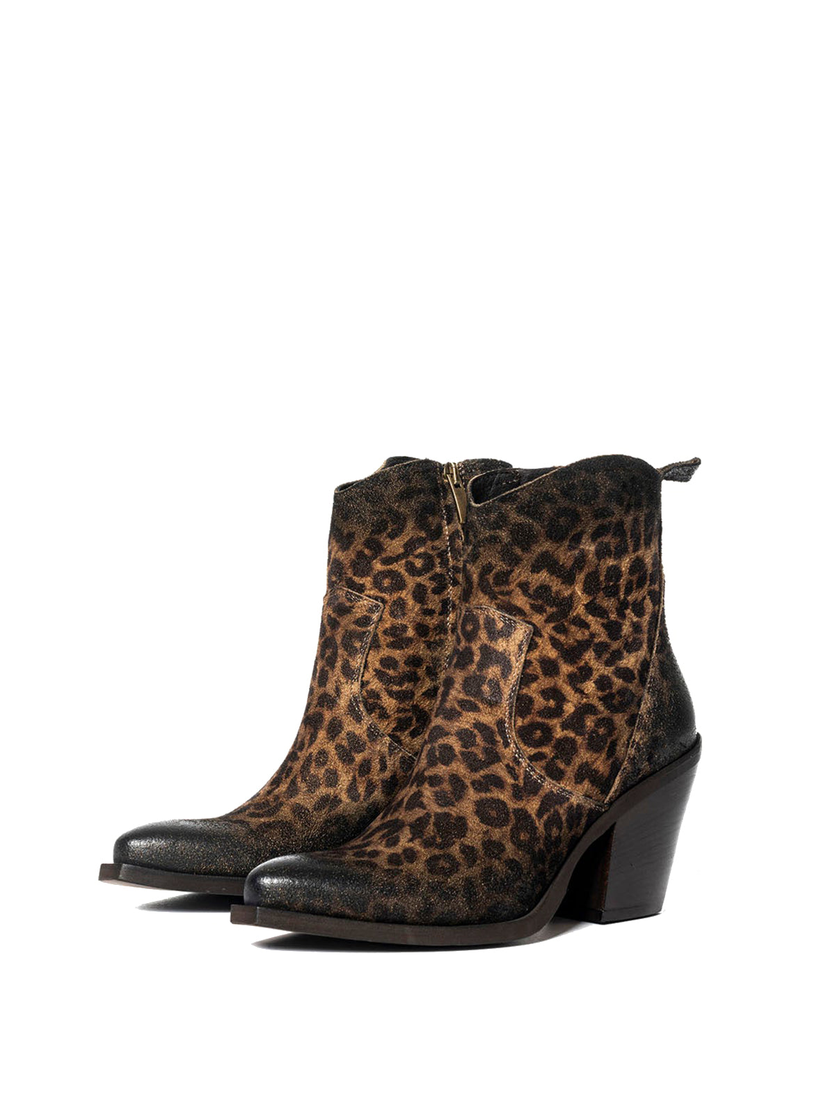 Leopard Faux Suede Snip-Toe Full-Zip Ankle Cowgirl Boots