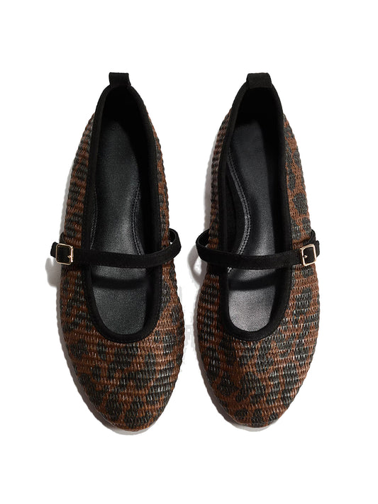 Leopard Print Grass Woven Round-Toe Mary Jane Chic Ballet Flats