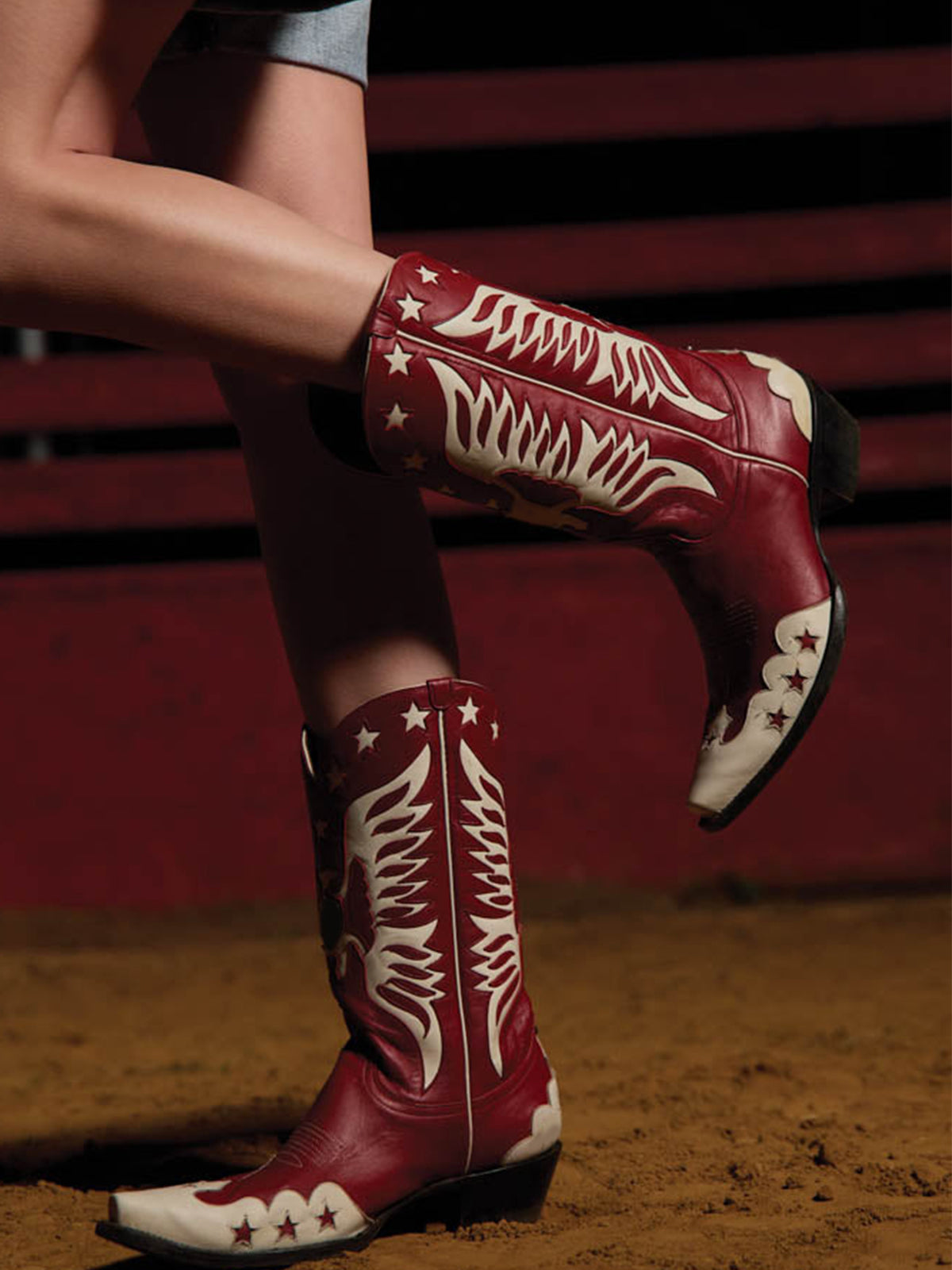 Red Snip-Toe Ivory Eagle And Star Inlay Chic Mid Calf Cowgirl Boots