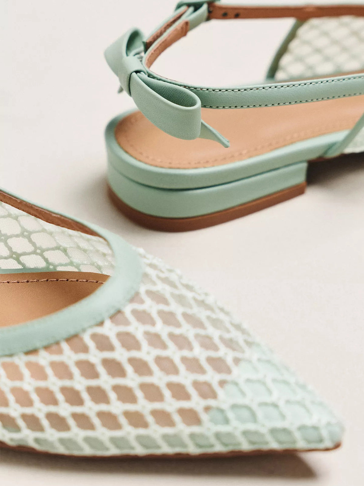 Light Green Mesh Pointed-Toe Slingback Back Bow Flats