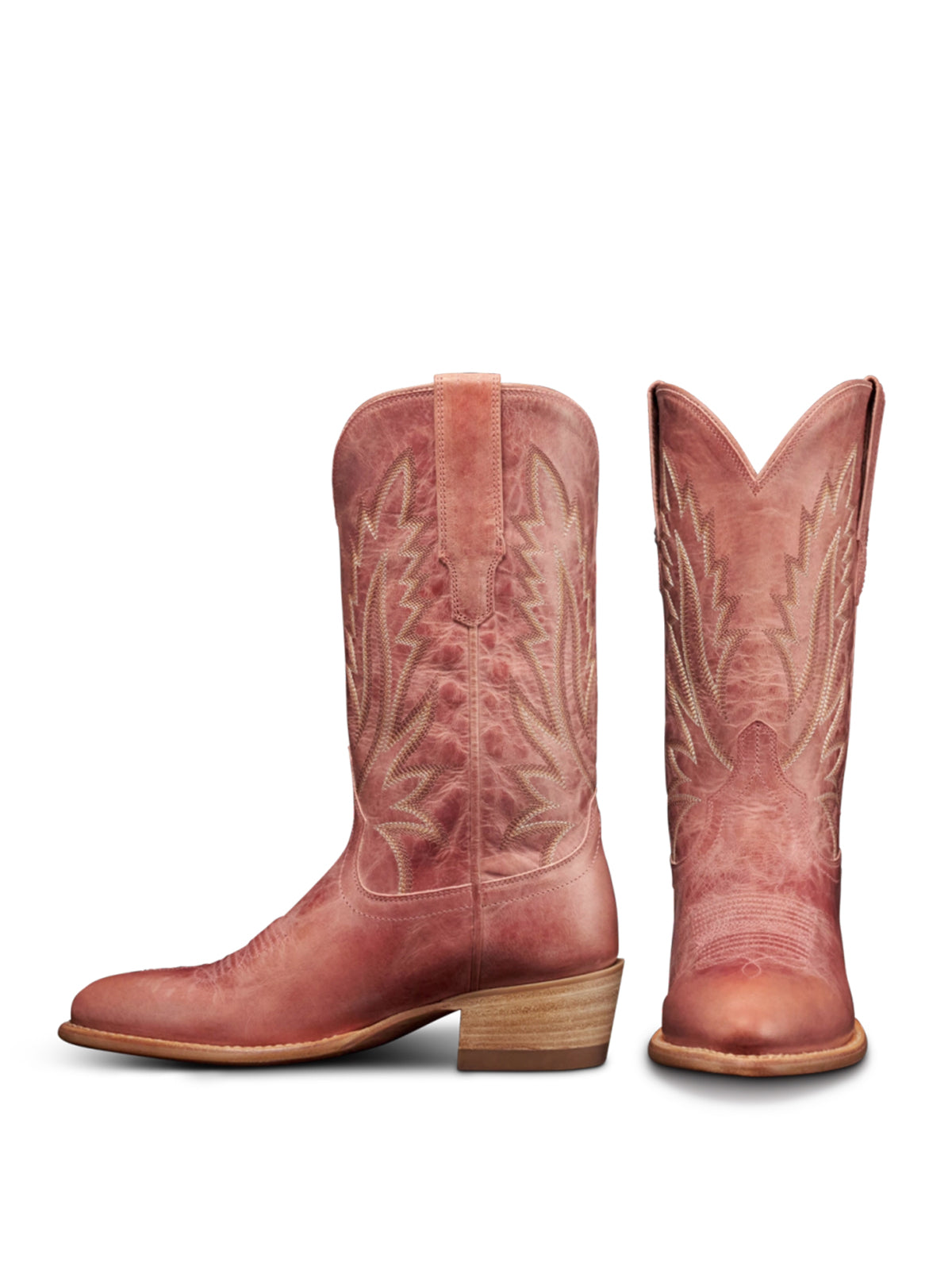 Distressed Pink Almond-Toe Embroidery Mid Calf Cowgirl Boots