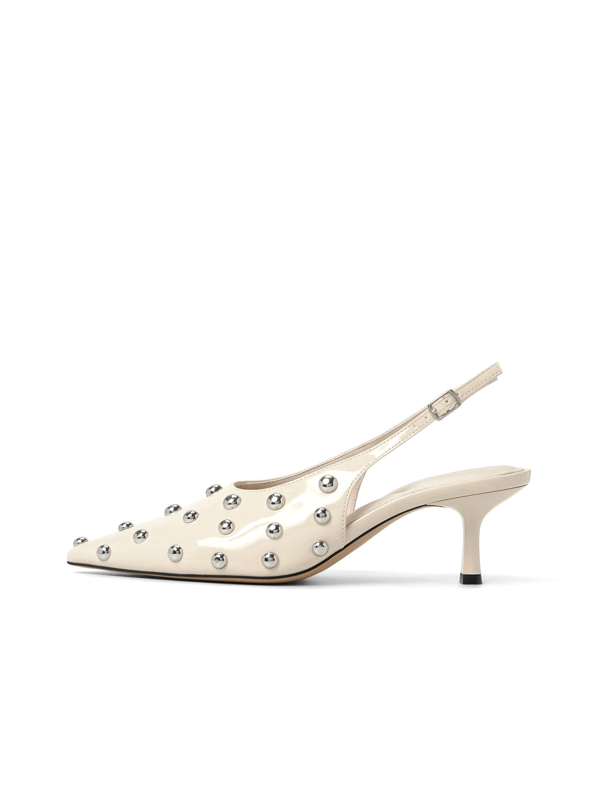 Cream Pointed-Toe Slingback Kitten Heels With Full Studs