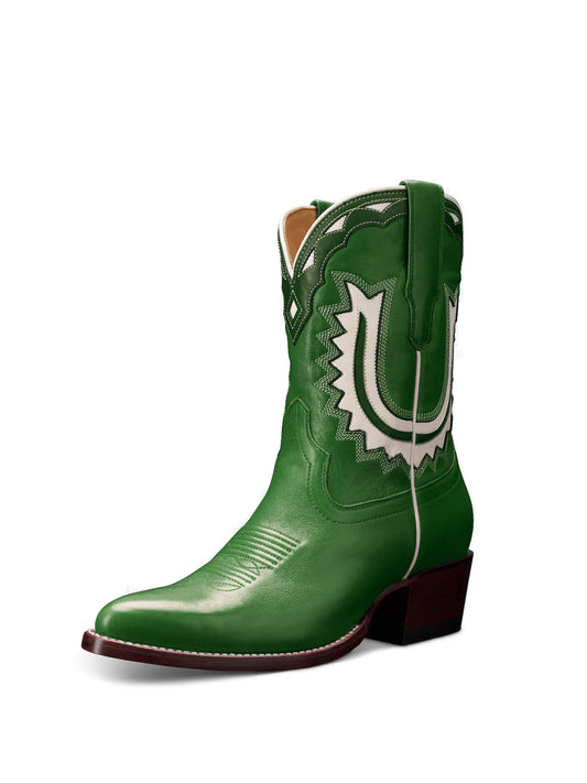 Green Almond-Toe Horseshoe Inlay Cowgirl Ankle Boots