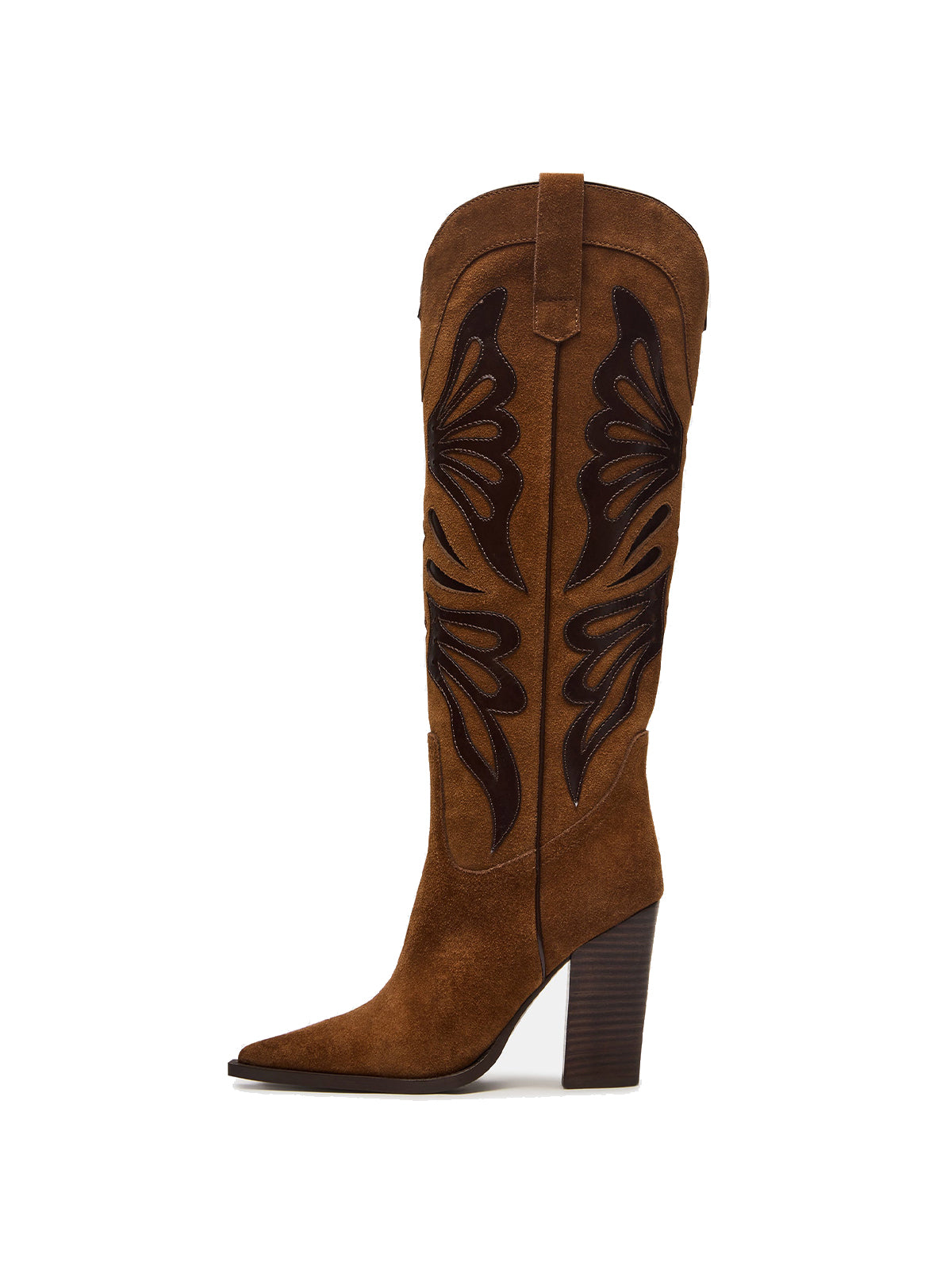 Contrast Brown Faux Suede And Black Pointed-Toe Wings Applique Knee High Cowgirl Boots