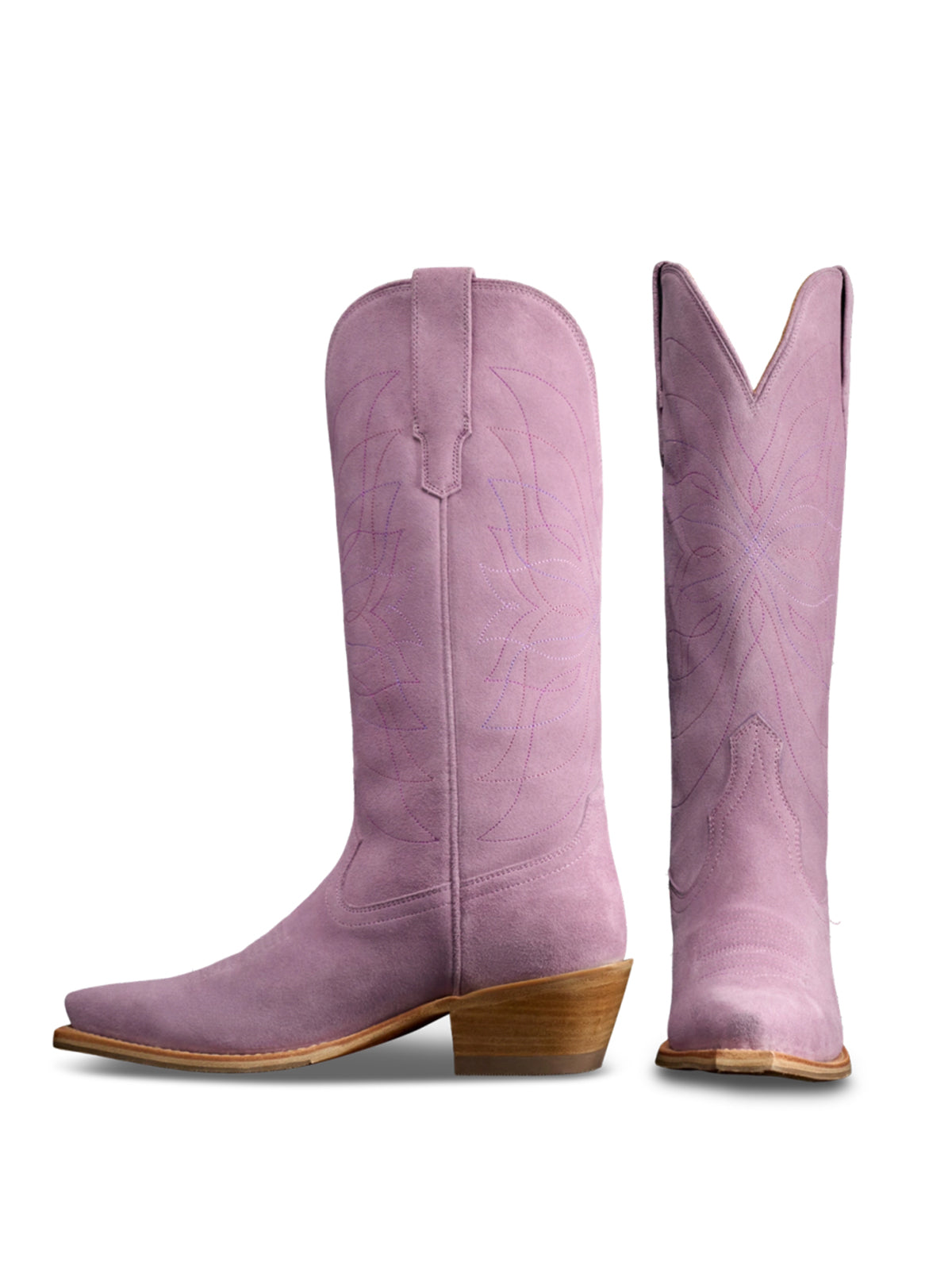 Lavender Faux Suede Snip-Toe Stitch Classic Wide Calf Knee High Cowgirl Boots